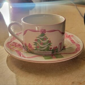 Sango Holiday Pink and Green Mug with Saucer